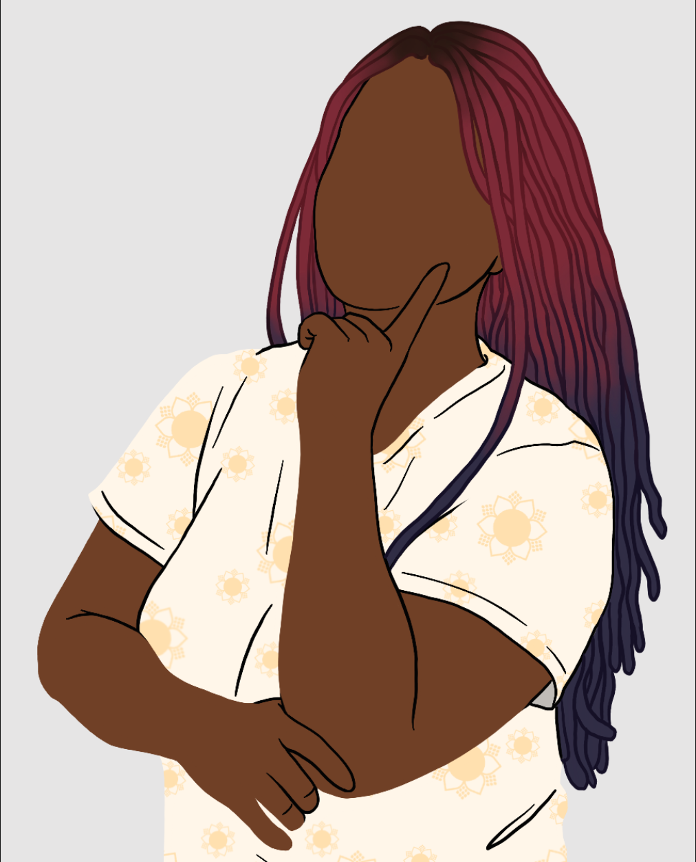 A cartoon illustration of Lena wearing a white, sunflower patterned shirt. She is holding her chin thoughtfully. The shirt has the Sunflower UX logo on it. Lena has dark skin and long hair with shades of purple and red.